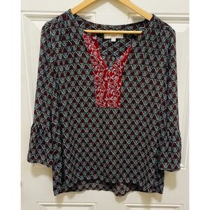 LOFT Floral Print Blouse Red White 3/4 Sleeve Top‎ Bohemian Size M